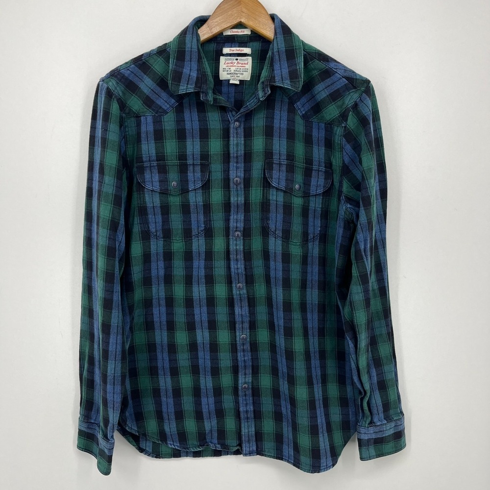 Lucky Brand Long Sleeve Pearl Snap Shirt Men's M Green Blue Plaid True Indigo